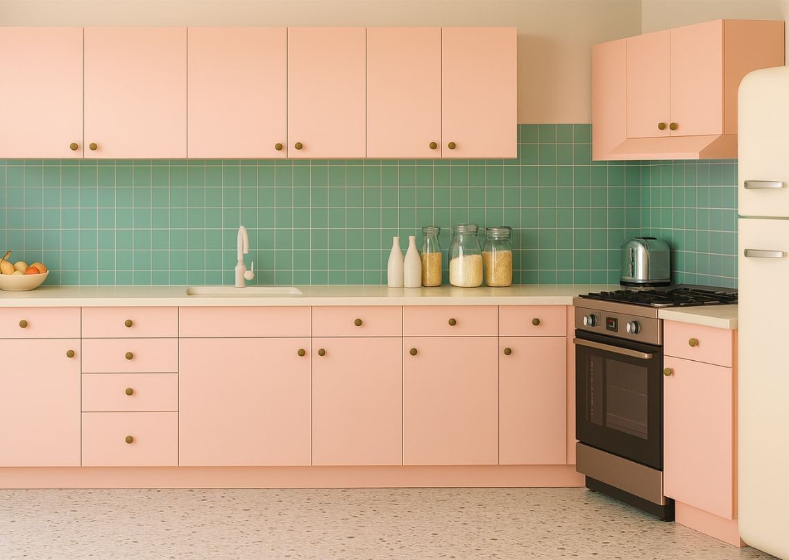 Modern pastel kitchen with teal backsplash and storage - Beautiful Homes