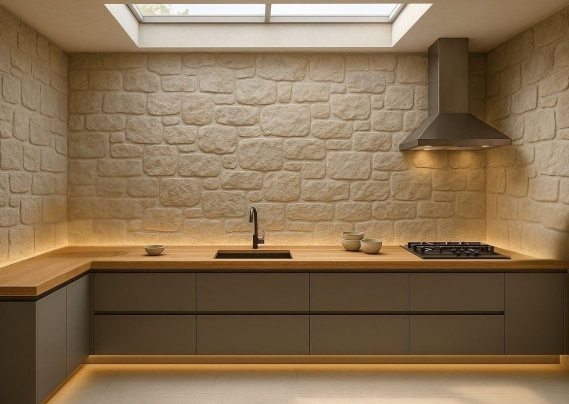 L shaped kitchen with stone wall and lighting - Beautiful Homes