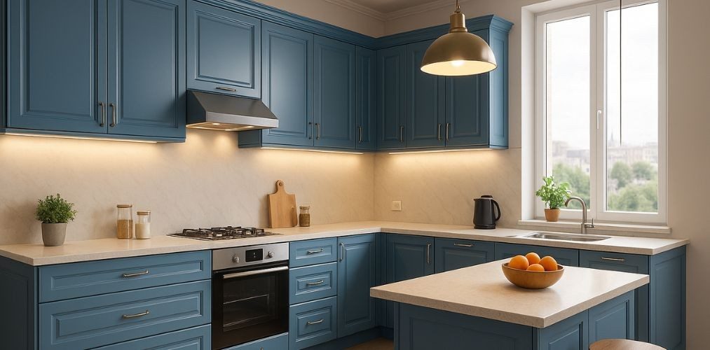 Modern kitchen with blue cabinets and marble countertops - Beautiful Homes
