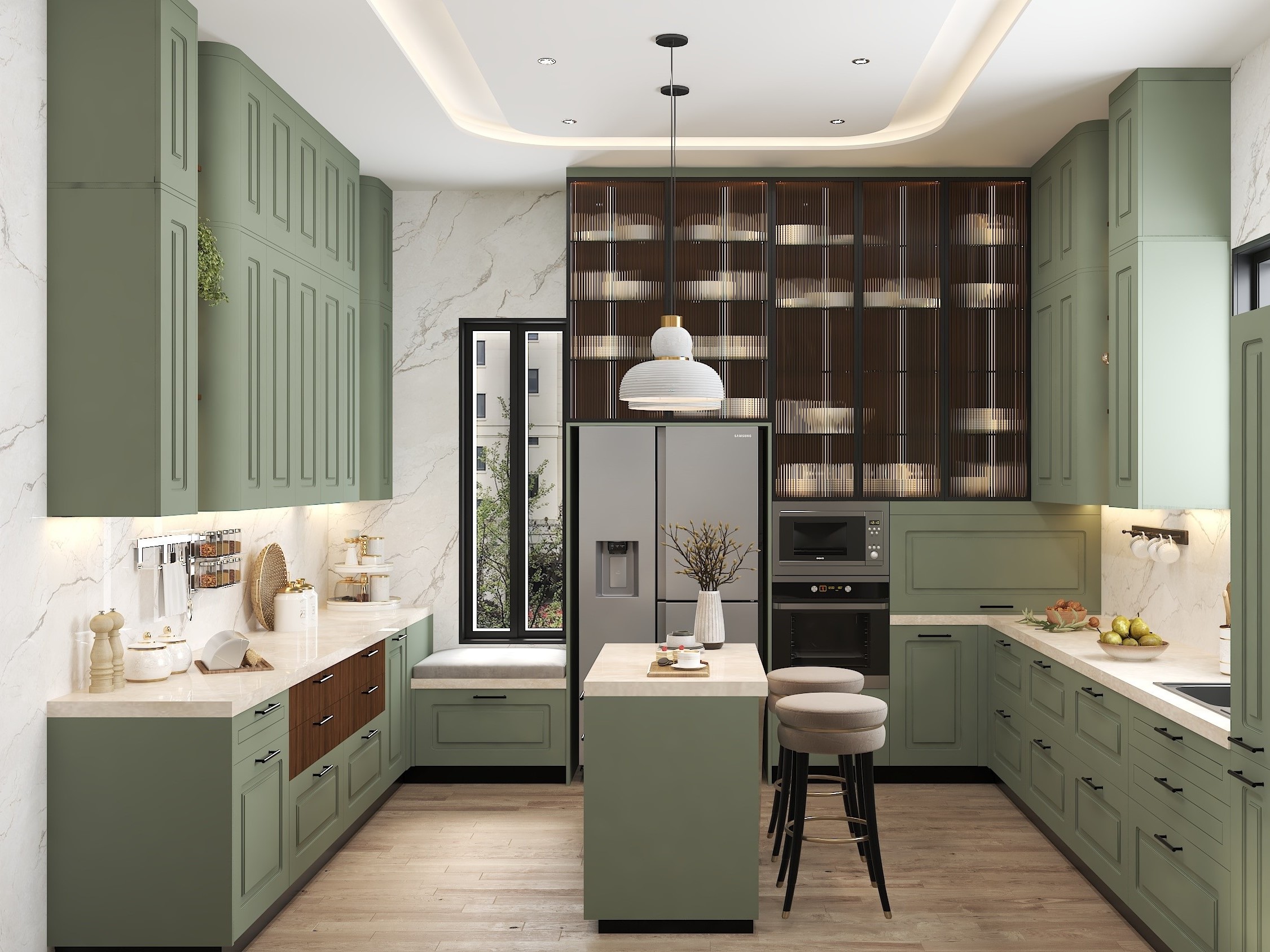 Green cabinets kitchen with island and marble tops - Beautiful Homes