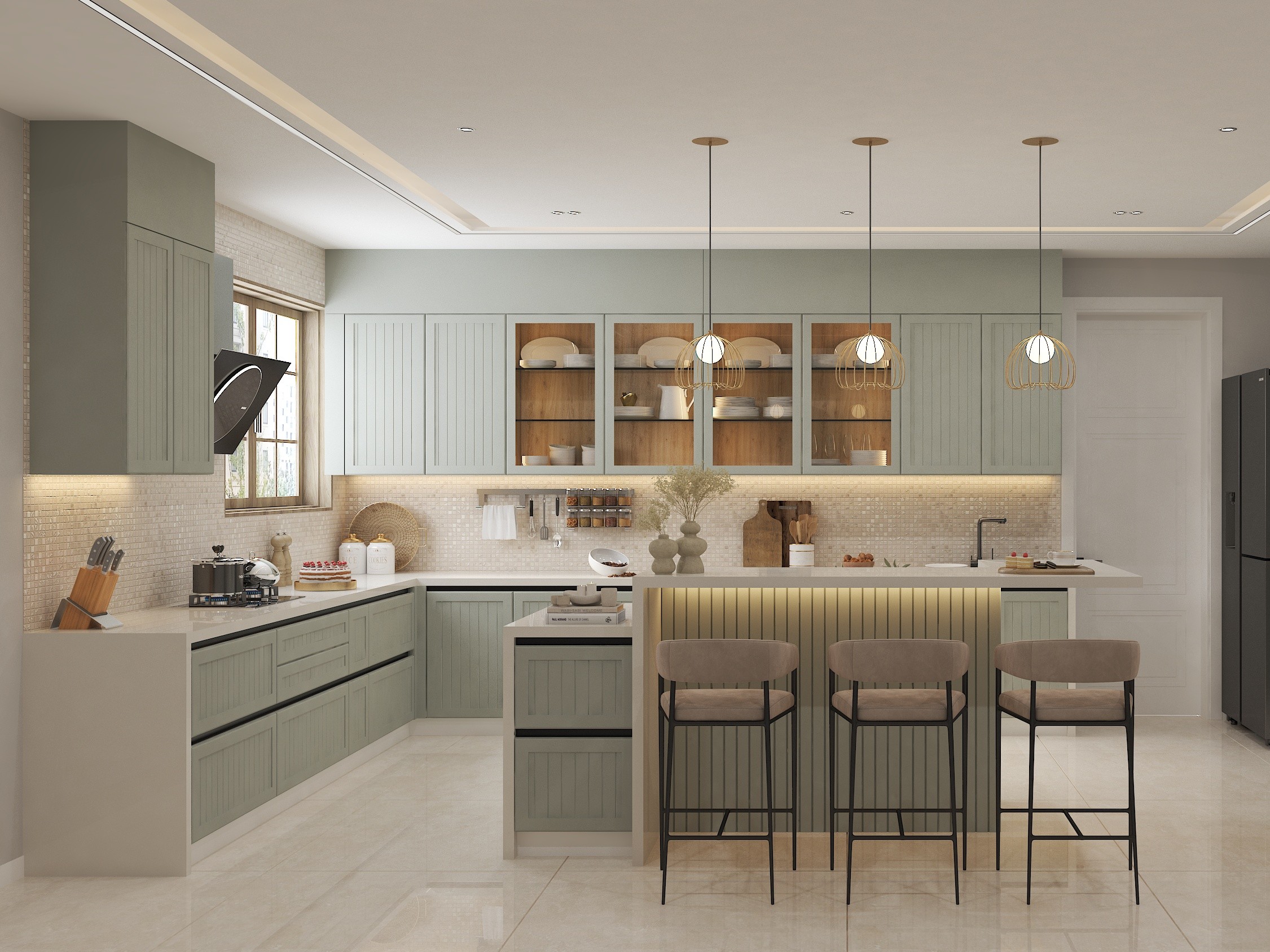 Stylish kitchen with pastel cabinets and pendant lights - Beautiful Homes