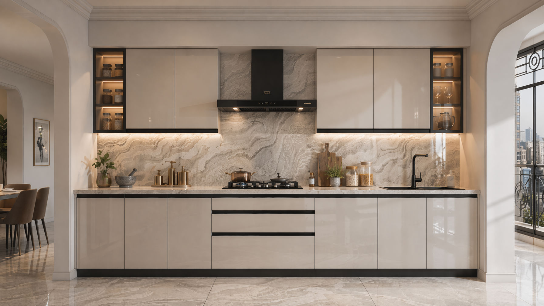 Modern kitchen with glossy beige cabinetry, dramatic veined stone backsplash and countertop - Beautiful Homes
