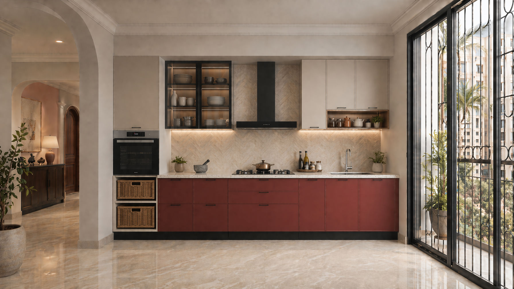 Modern kitchen with terracotta base cabinets, soft beige upper units, a white stone countertop, black-framed glass storage, and a light herringbone tile backsplash - Beautiful Homes