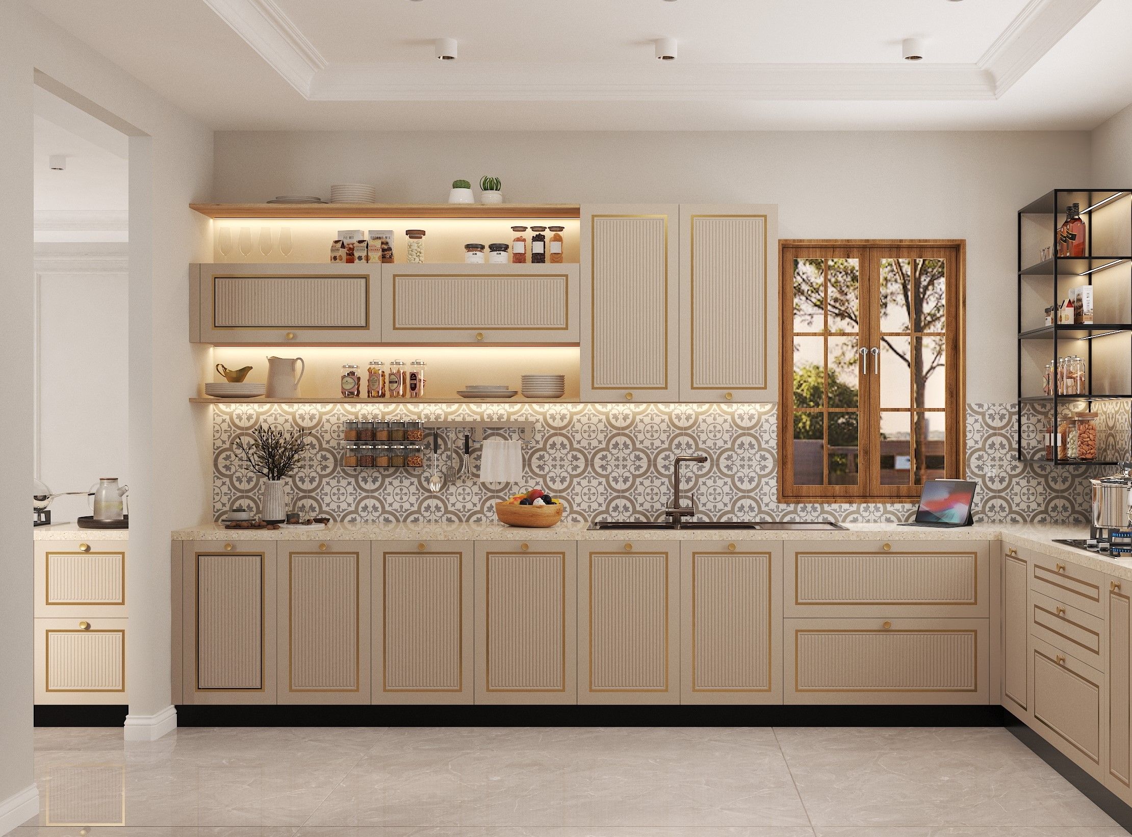 Kitchen featuring fluted cabinets, gold accents, and a geometric backsplash - Beautiful Homes
