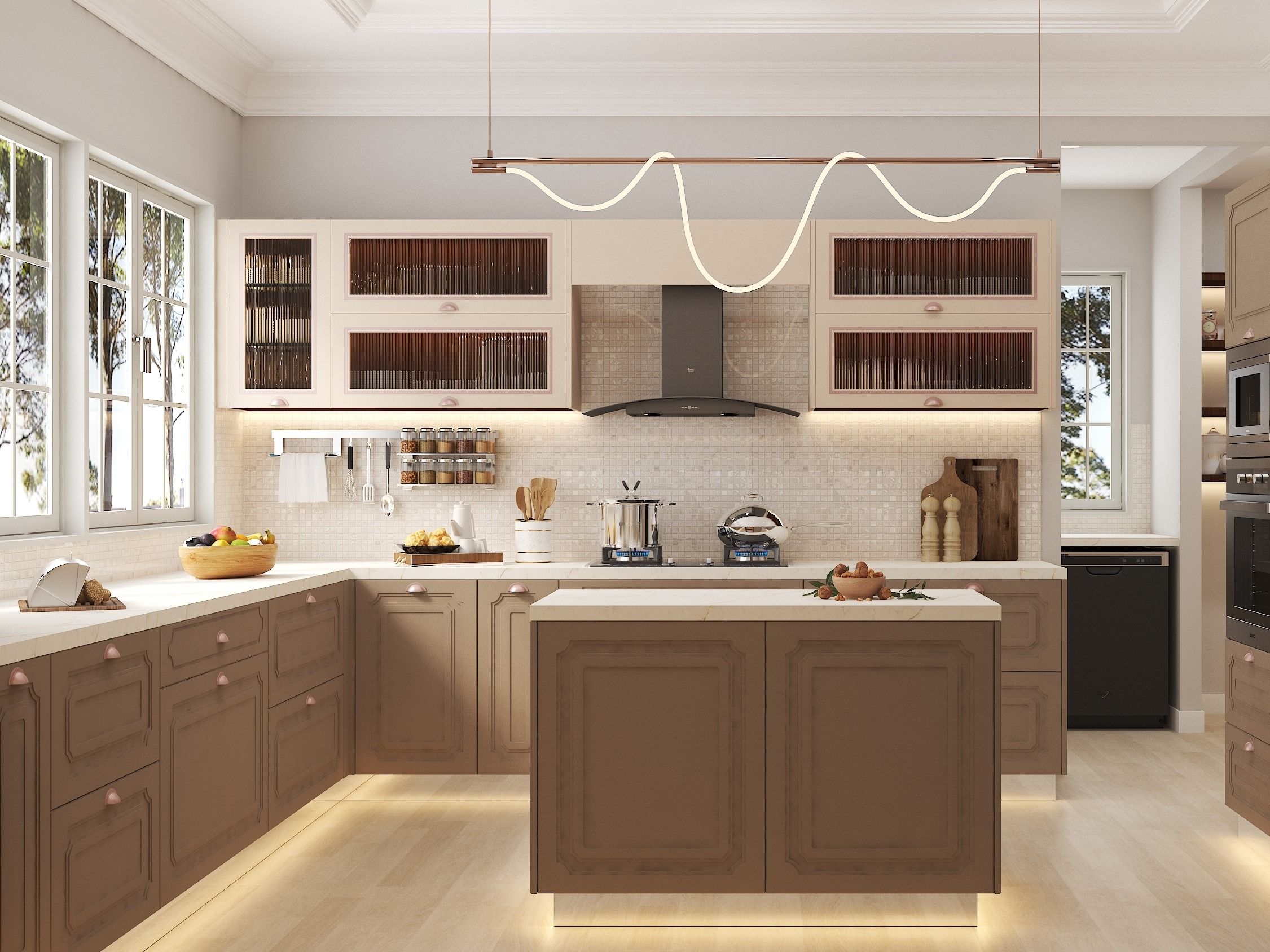 Luxurious kitchen featuring rose gold accents, fluted glass cabinets, and a central island - Beautiful Homes