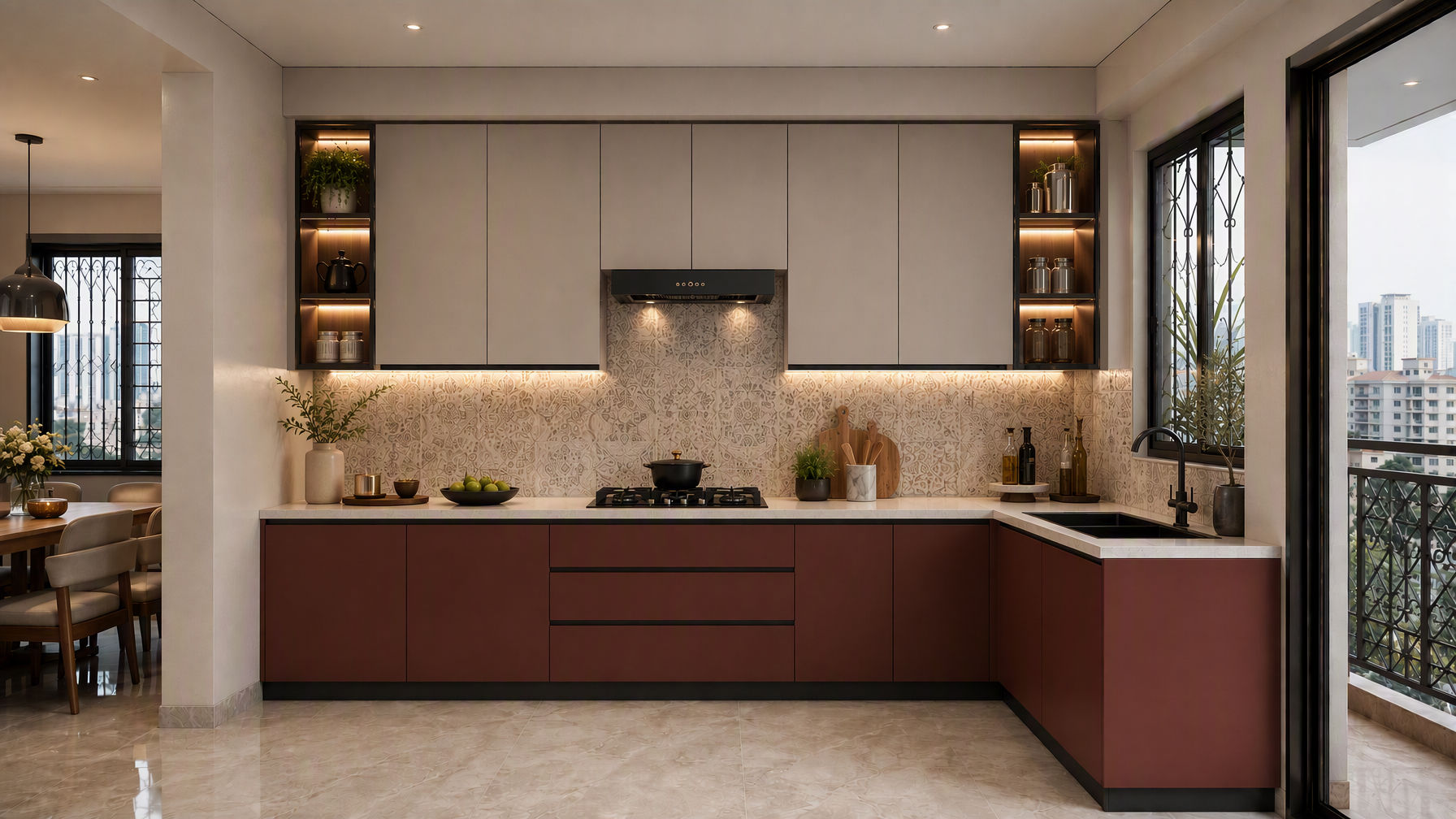 Modern L-shaped kitchen with matte terracotta lower cabinets, beige upper cabinetry, white stone countertop, and patterned backsplash tiles - Beautiful Homes