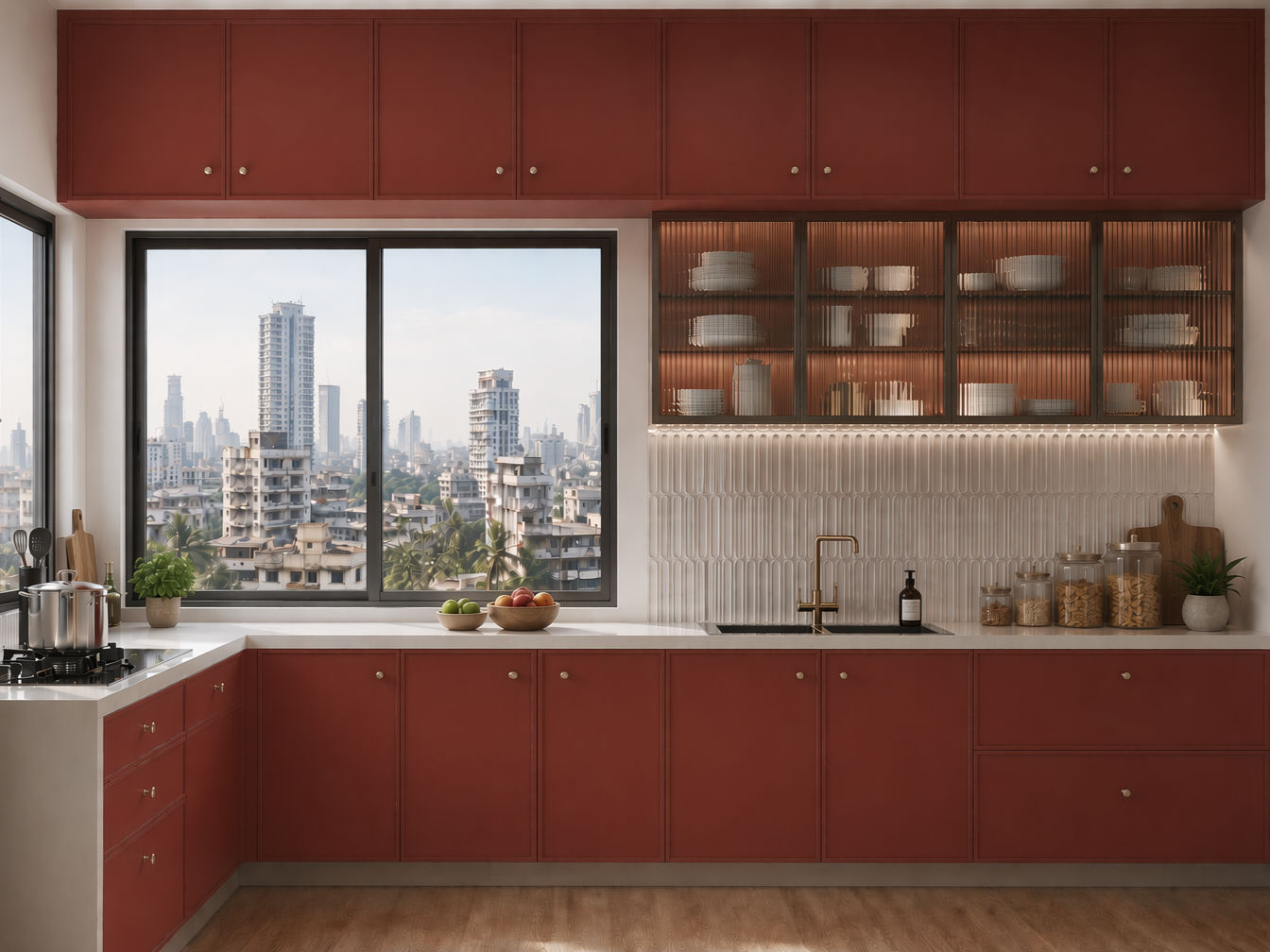 L-shaped kitchen with terracotta red cabinets, white countertop, and ribbed glass display cupboards - Beautiful Homes