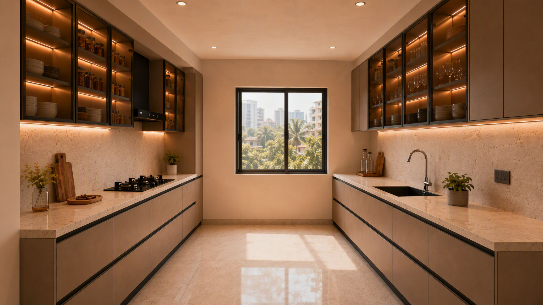 Parallel kitchen with matte taupe handleless cabinets, white marble countertops, and glass-front upper cabinets with warm lighting - Beautiful Homes