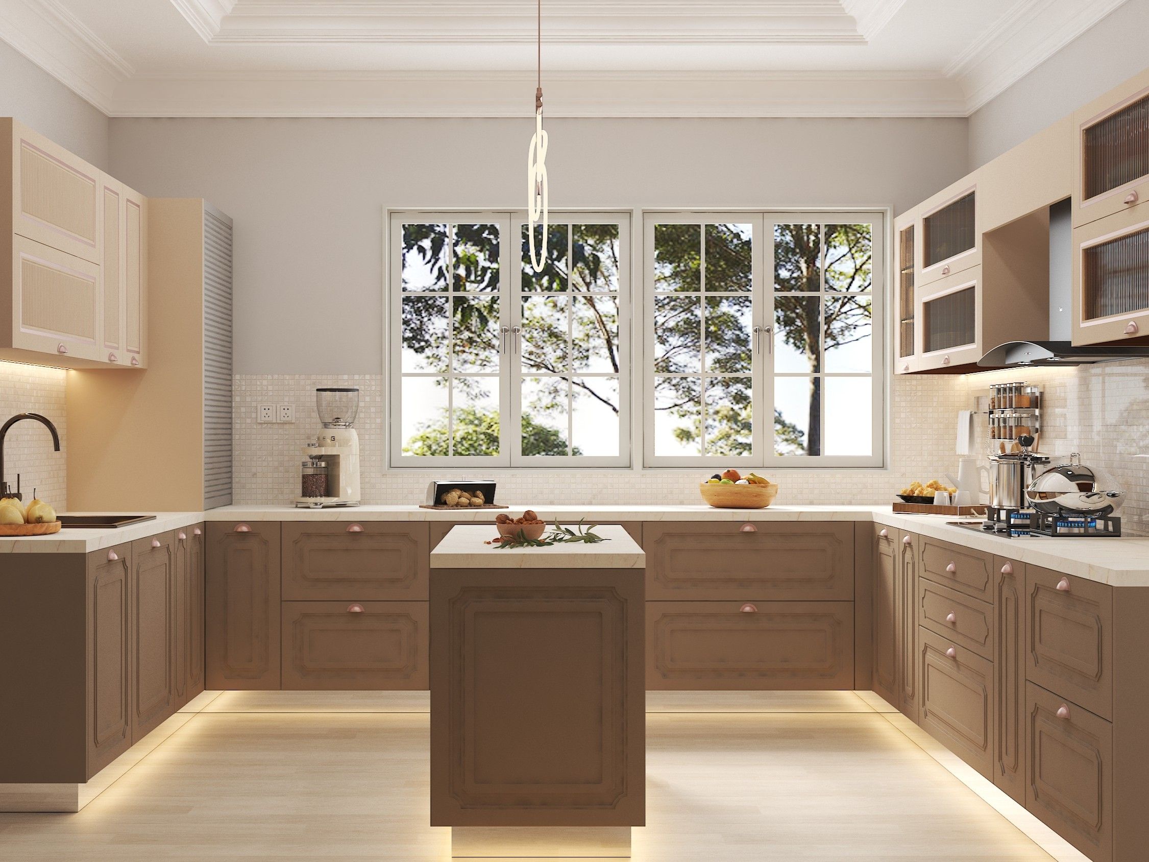 Island kitchen featuring brown-accented cabinets, mosaic backsplash, and large windows - Beautiful Homes