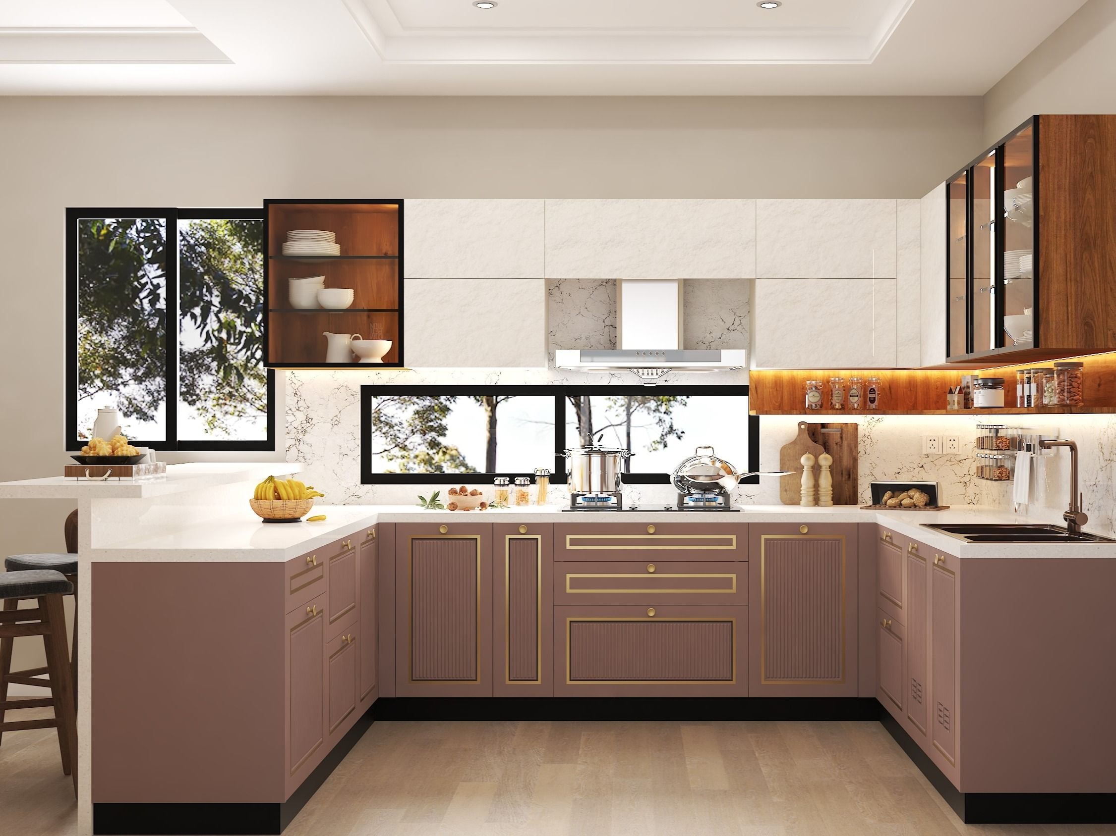 U-shaped kitchen featuring gold-accented cabinets, marble backsplash, and large windows - Beautiful Homes