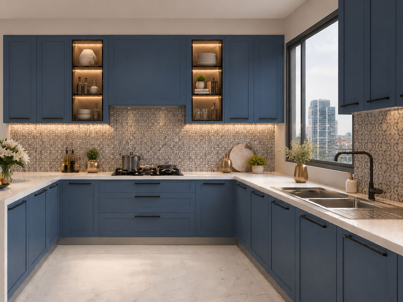 U-shaped kitchen with matte navy blue cabinets, black handles, white marble countertop, patterned mosaic backsplash, and illuminated display shelves - Beautiful Homes
