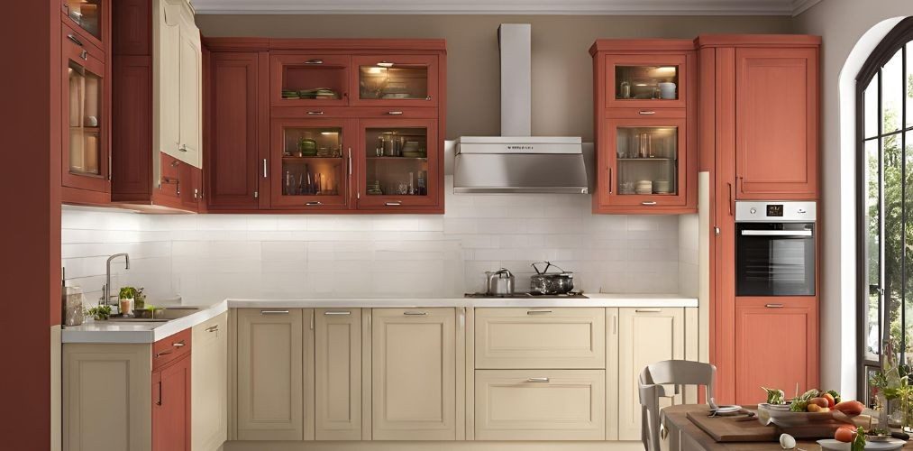 Classic cream l-shaped kitchen with rust cabinets - Beautiful Homes