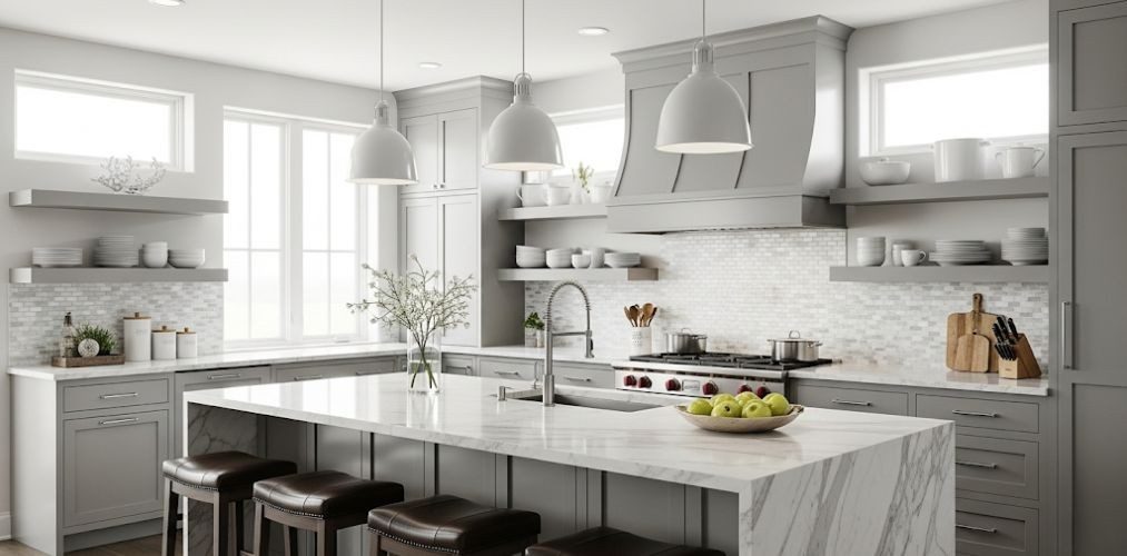 Grey kitchen with marble island and open shelves - Beautiful Homes