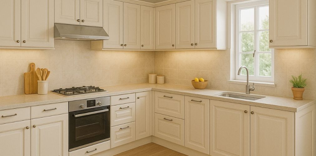 Beige kitchen with cabinets and marble counters - Beautiful Homes