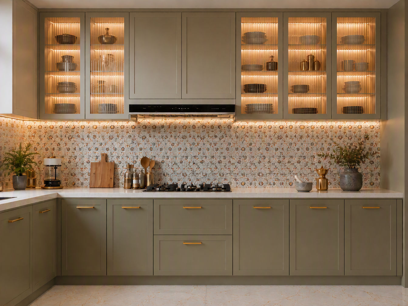 Modern L-shaped olive green modular kitchen featuring illuminated fluted glass upper cabinets and patterned backsplash tiles - Beautiful Homes