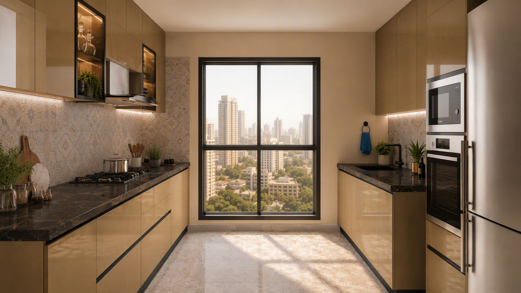 Parallel kitchen with glossy champagne cabinets, dark marble countertops with warm veining, and patterned backsplash tiles - Beautiful Homes