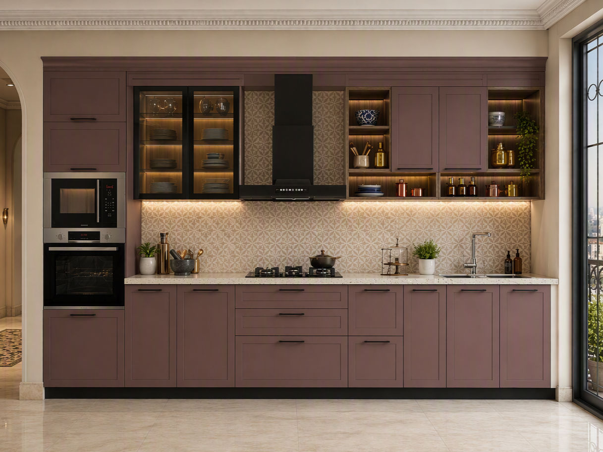 Modern kitchen with matte plum shaker cabinets, black-framed glass storage, open wooden shelves, a light stone countertop, and a beige patterned backsplash - Beautiful Homes