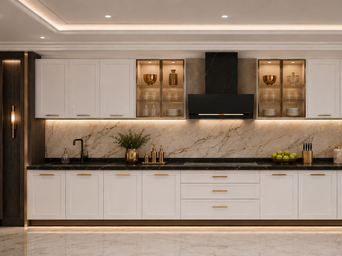 Single-wall kitchen with white shaker cabinets, black marble countertop, gold handles, and illuminated glass display cupboards - Beautiful Homes
