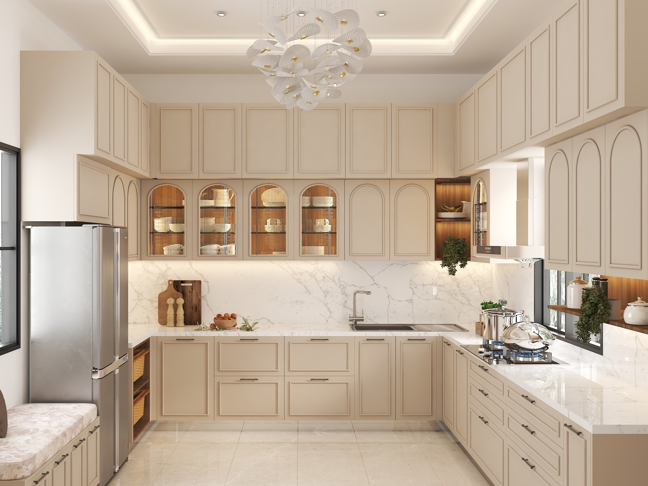 Beige kitchen with marble and storage cabinets - Beautiful Homes