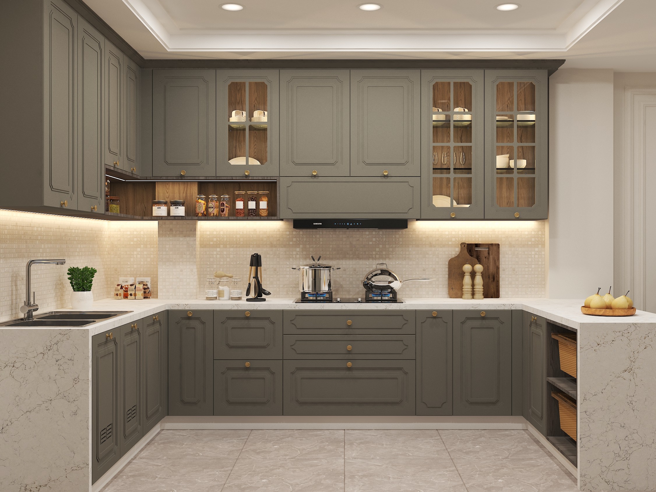 Modern kitchen with grey cabinets and marble countertops - Beautiful Homes
