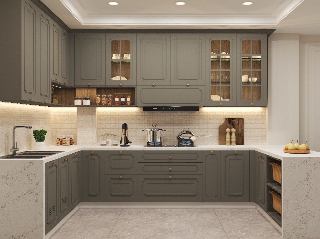 Modern kitchen with grey cabinets and marble countertops - Beautiful Homes