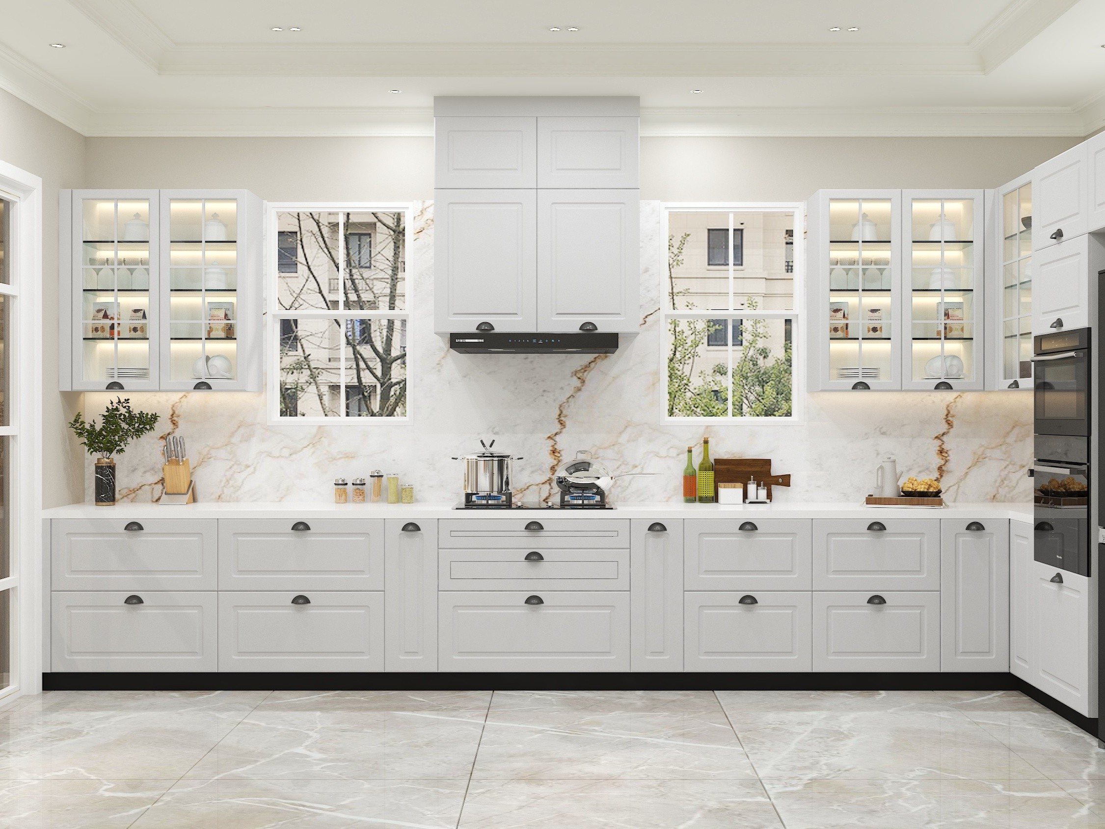 White kitchen with marble countertops and cabinets - Beautiful Homes