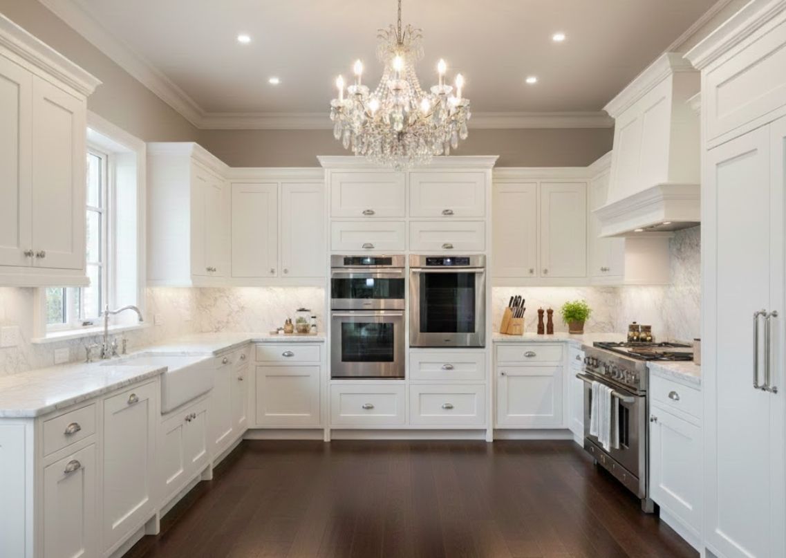 Bright luxury kitchen with white cabinets and chandelier - Beautiful Homes