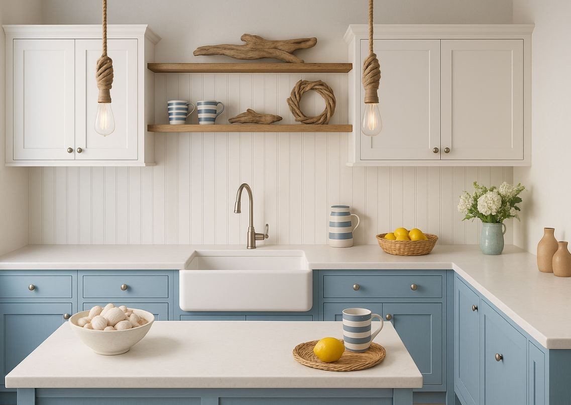 Farmhouse kitchen with blue cabinets and natural décor - Beautiful Homes