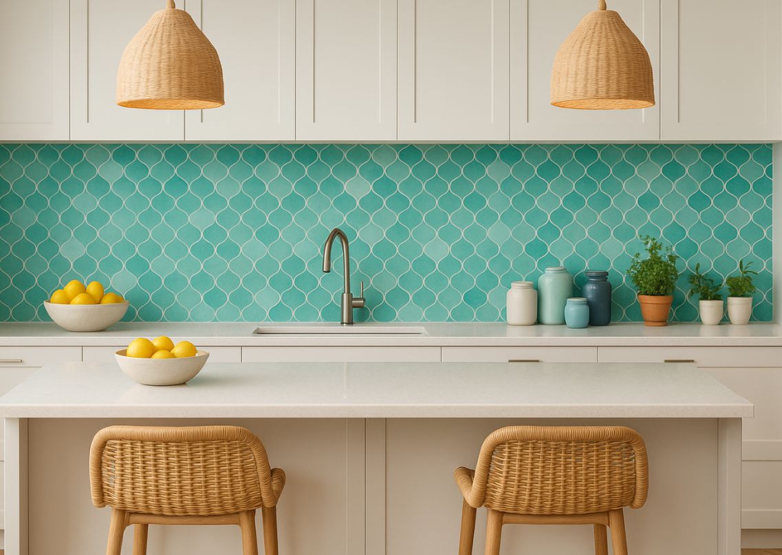 Modern kitchen with teal tiles and white cabinets - Beautiful Homes