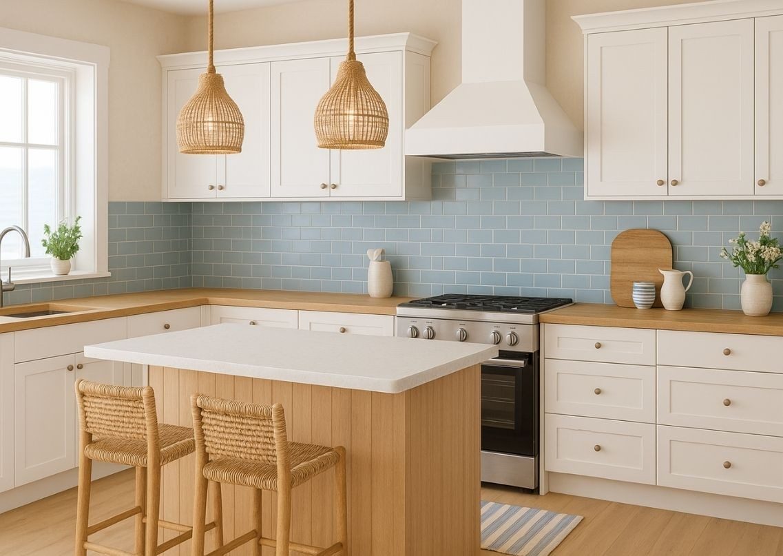 Modern kitchen with pastel backsplash and wooden accents - Beautiful Homes