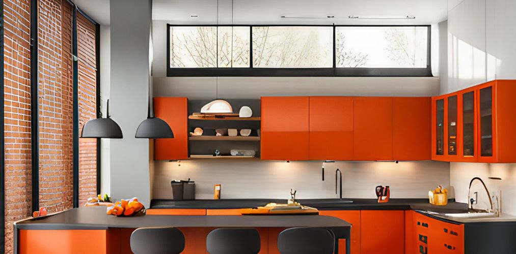 Kitchen design with orange kitchen cabinets and loft storage-Beautiful Homes