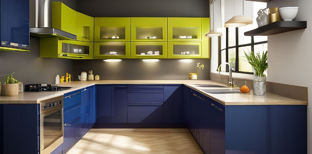 Kitchen design with green and blue modular cabinets-Beautiful Homes