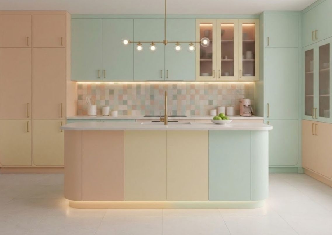 Pastel modular kitchen with island and backsplash - Beautiful Homes