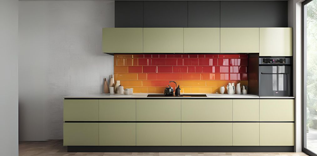 Colourful straight kitchen with large backsplash tiles - Beautiful Homes