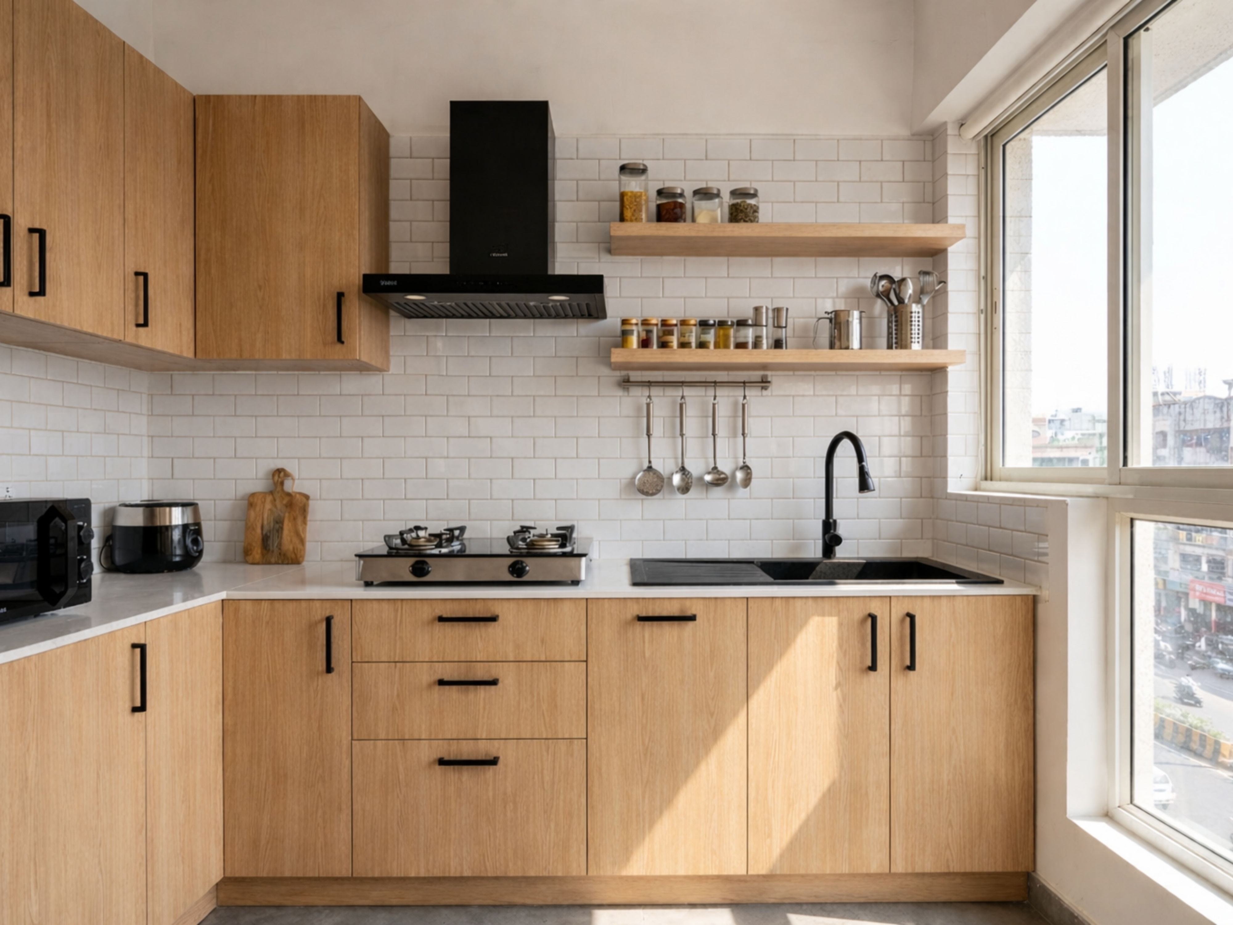 L shaped kitchen with white cabinets and marble countertop - Beautiful Homes