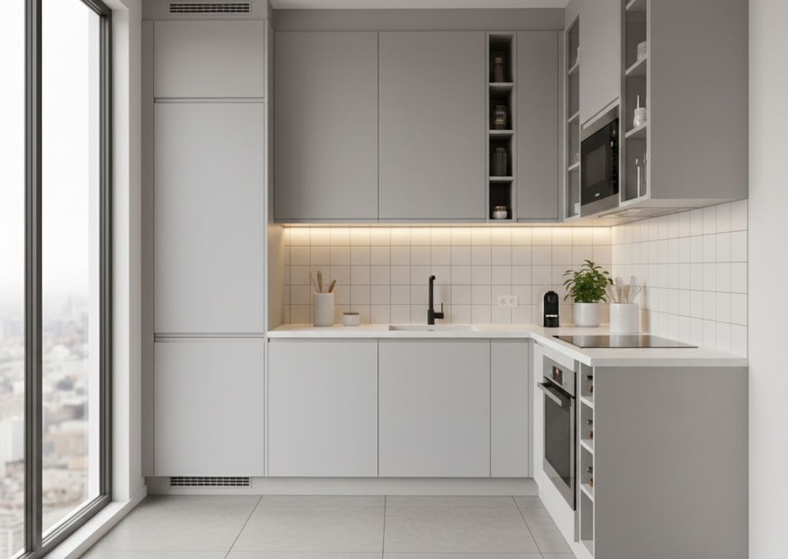 L shaped kitchen with grey cabinets and shelves - Beautiful Homes