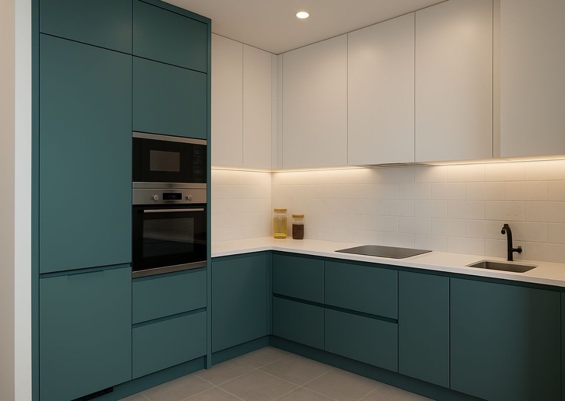 Teal and white kitchen with modern design - Beautiful Homes