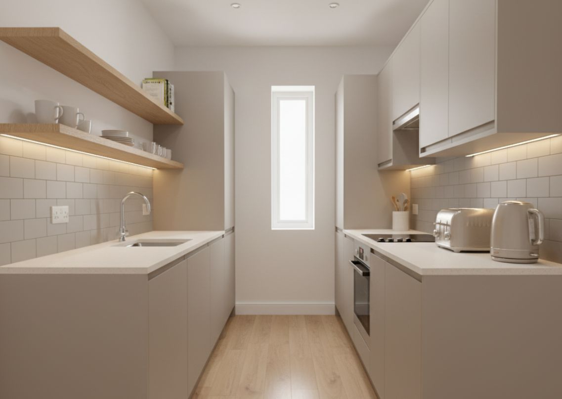 Compact modular kitchen with beige cabinets - Beautiful Homes