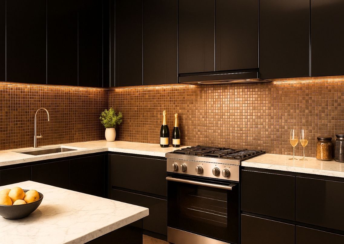 Stylish black kitchen with marble and brown tiles - Beautiful Homes