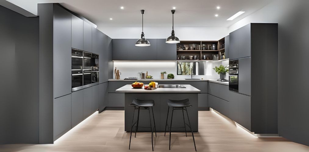 Contemporary island kitchen design in gothic grey - Beautiful Homes