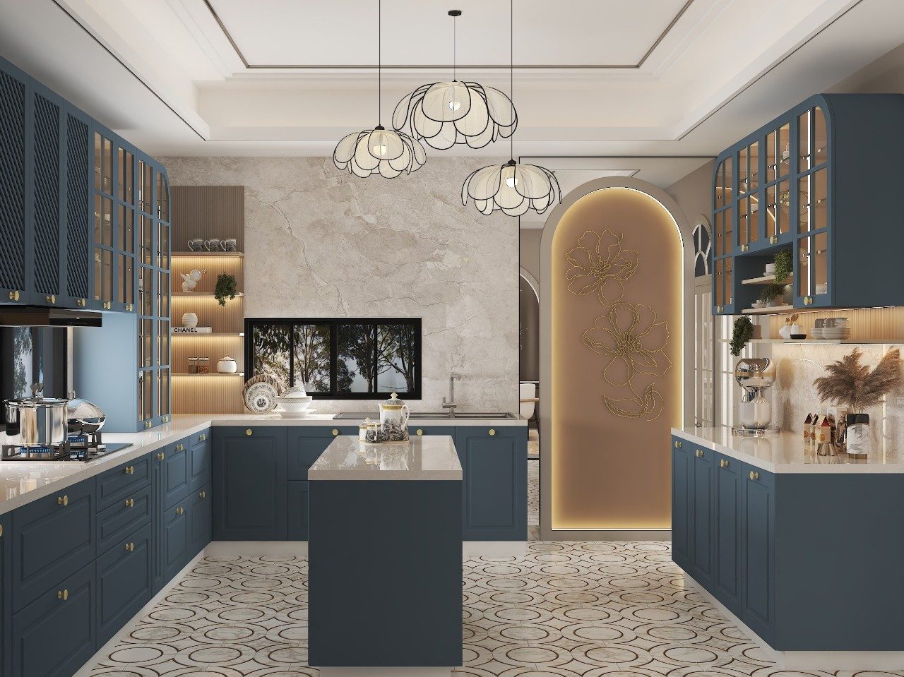 Modern kitchen with navy cabinets and marble counters - Beautiful Homes
