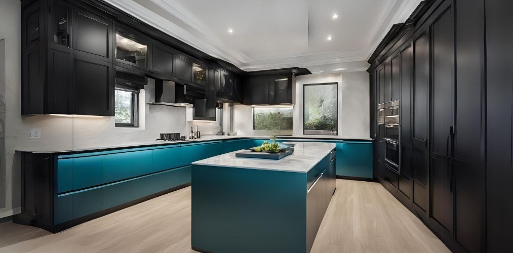 Contemporary island kitchen with teal and black cabinets - Beautiful Homes