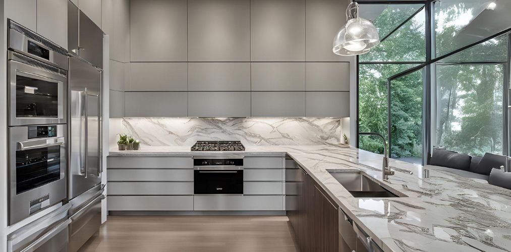 Contemporary kitchen design with marble countertop and grey PU shutters - Beautiful Homes