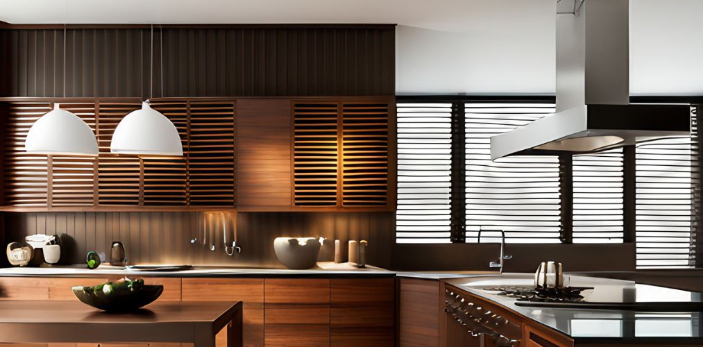 Brown contemporary kitchen with shutter storage-Beautiful Homes