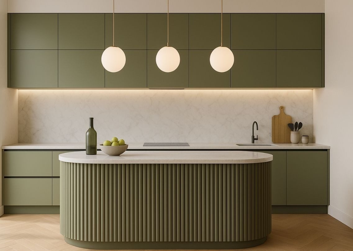 Modern kitchen with green cabinets and island - Beautiful Homes