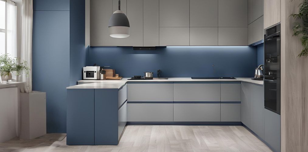 Contemporary kitchen with blue and grey modular cabinets - Beautiful Homes