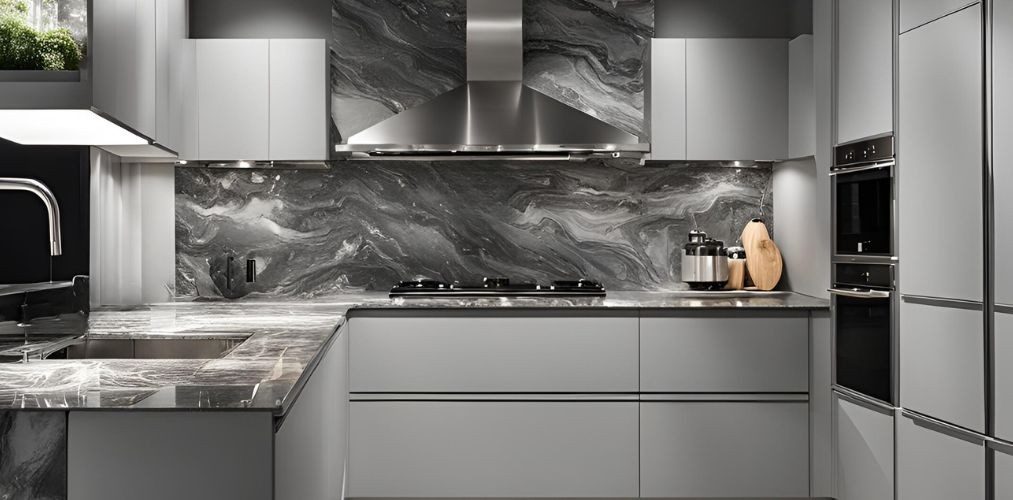 Contemporary kitchen with grey marble backsplash - Beautiful Homes