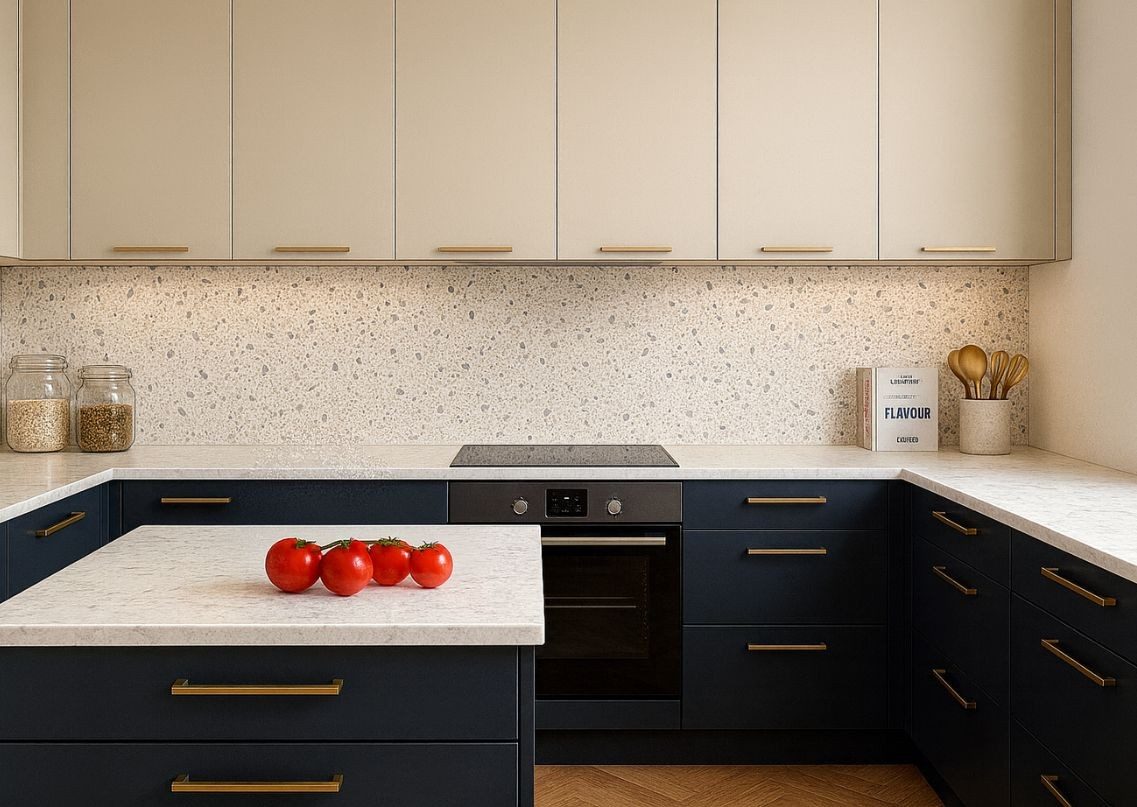 Modern kitchen with navy cabinets and terrazzo backdrop - Beautiful Homes
