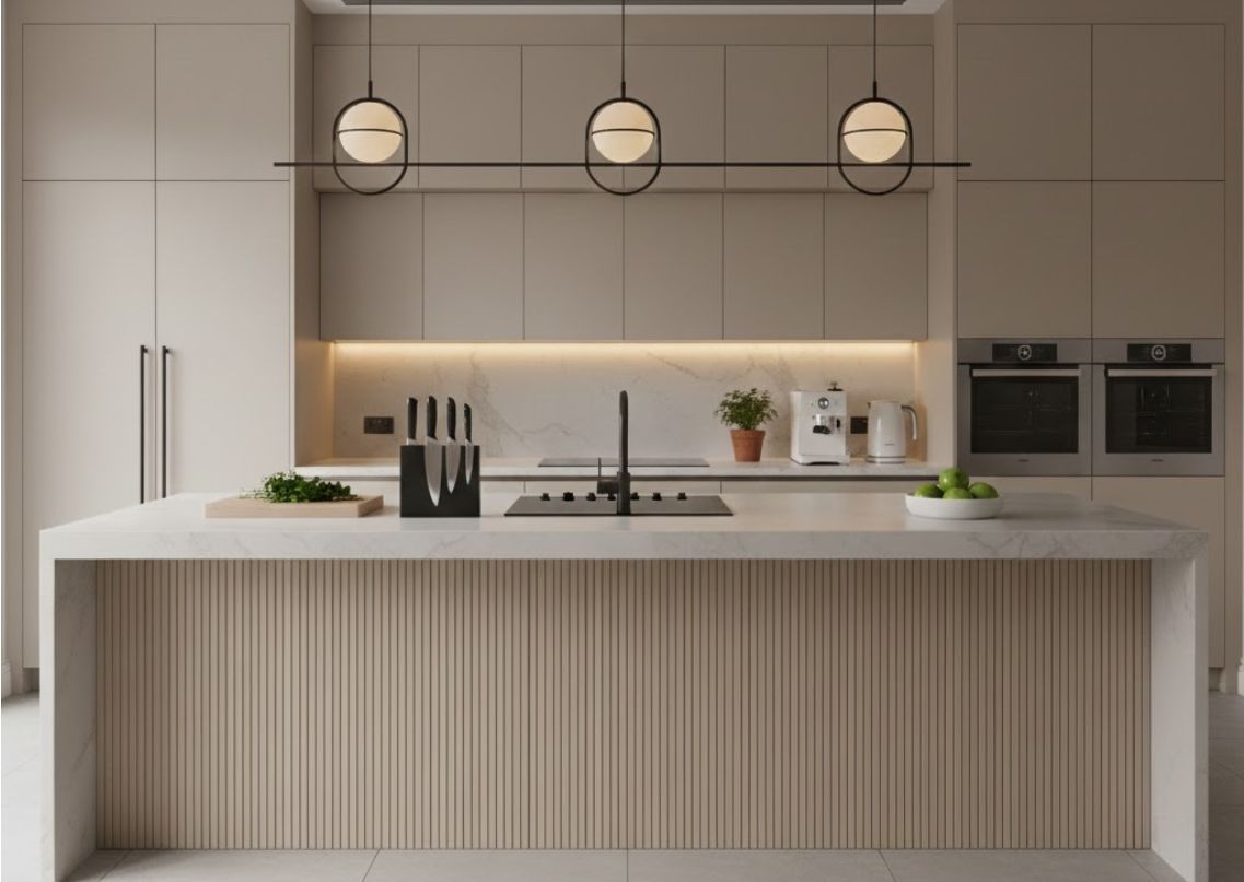 Modern kitchen with beige cabinets and marble island - Beautiful Homes