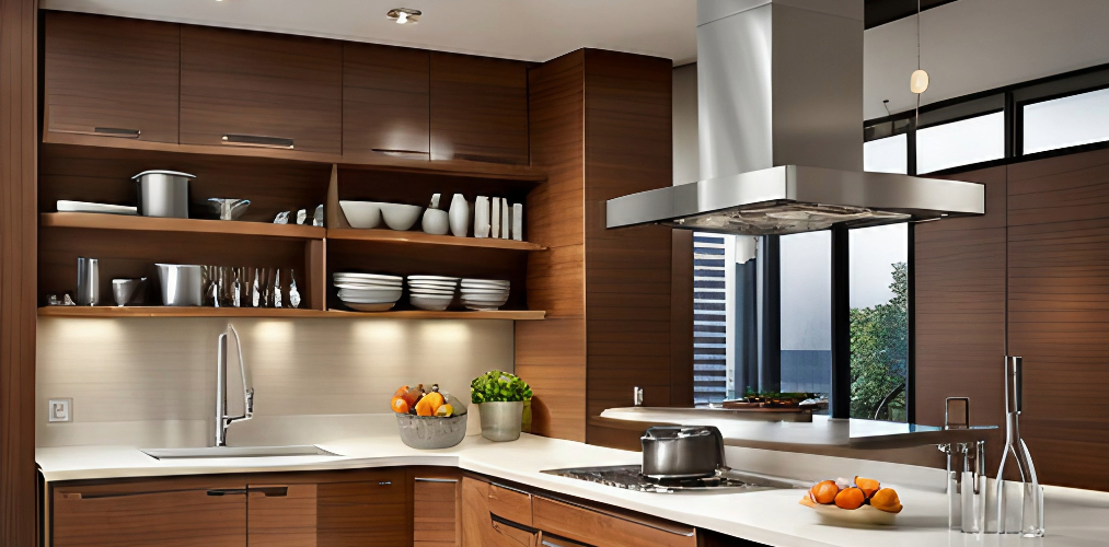 Contemporary kitchen design with wooden wall mounted kitchen shelves-Beautiful Homes